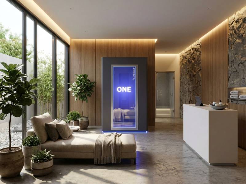 Chambre de cryothérapie PowerCab One en situation réelle dans un espace wellness haut de gamme sur Marseille